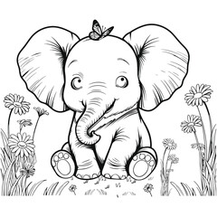 Adorable elephant line art in floral scene with butterfly perfect for children activity books and educational art
