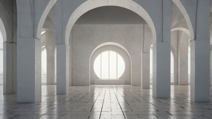 Obraz premium Bright Modern Interior with Arched Architecture and Large Window