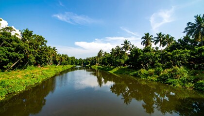 Lush canal reflecting a vibrant sky