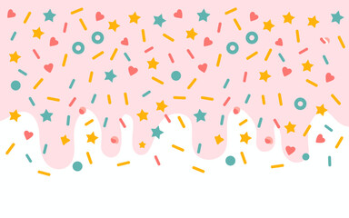 Whimsical pink frosting with colorful sprinkles including stars hearts circles and rods creating a festive celebratory background