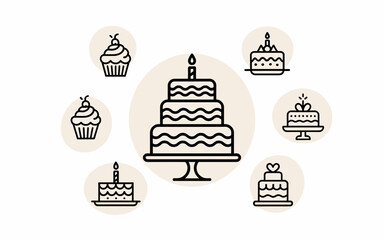 Collection of stylized line art icons featuring various cakes and cupcakes with candles and decorations on a light background