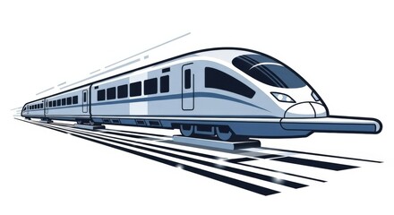 Modern high-speed train in motion, illustrated design, on tracks.