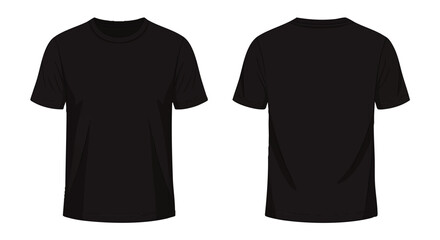 Two black t-shirts, one shown from the front and the other from the back, against a white background.