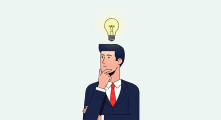 Businessman contemplating a solution, lightbulb above his head, suggesting innovative thinking.