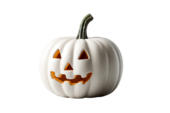 Happy face carved on white pumpkin