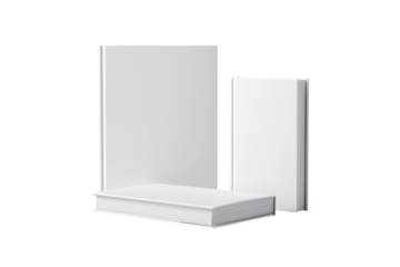 Three blank white books isolated on transparent background