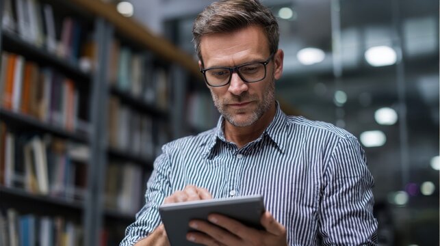 Middle aged professor wearing glasses using digital tablet in university library, researching online academic databases for his next lecture, surrounded by bookshelves - Powered by Adobe