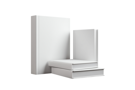 Stack of blank white books isolated on transparent background
