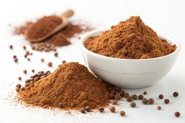 Pile of ground spices and black peppercorns isolated on white background