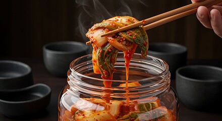 A hand using chopsticks to lift a piece of steaming kimchi from a large glass jar.