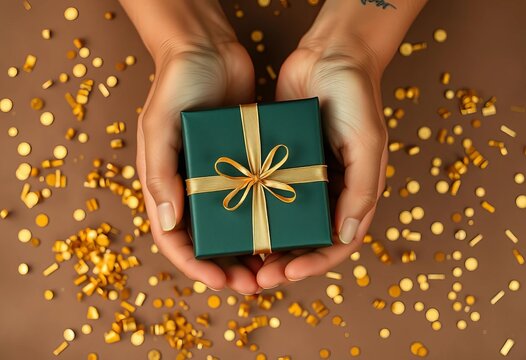 Delicate hands cradling a gift box, gold confetti scattered on brown backdrop, appreciation, sparkle