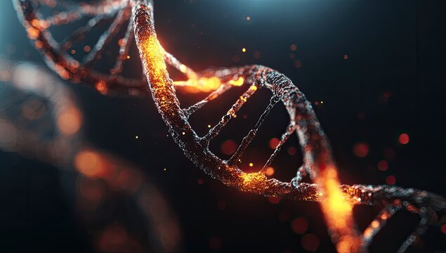 Fiery DNA helix, glowing with sparks