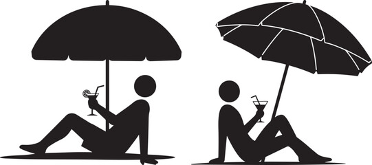 Two people relaxing under umbrellas with drinks silhouette
