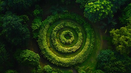 Aerial view of a lush green circular garden pattern from above, surrounded by forest. © grafixcareer