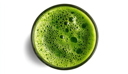 Top-down view of a glass of vibrant green juice.  Foamy texture with bubbles