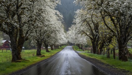 A country road lined with blossoming trees on a misty, rainy day
