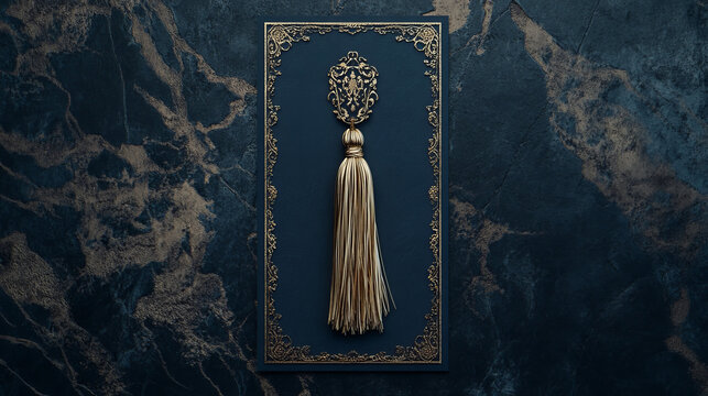 Elegant gold tassel and ornate frame on a rich dark background. Luxurious design perfect for sophisticated invitations or decorative concepts.
