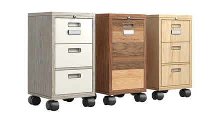 3 drawer wood office storage cabinet with wheels isolated on white