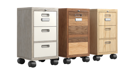 3 drawer wood office storage cabinet with wheels isolated on white