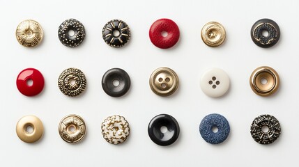 Detail: Decorative buttons or studs on a denim jacket, isolated on a pure white background, stylish, edgy