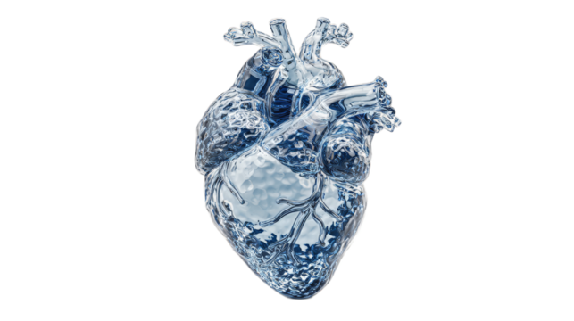 A crystal clear blue heart amazing 3d render of anatomy on white background