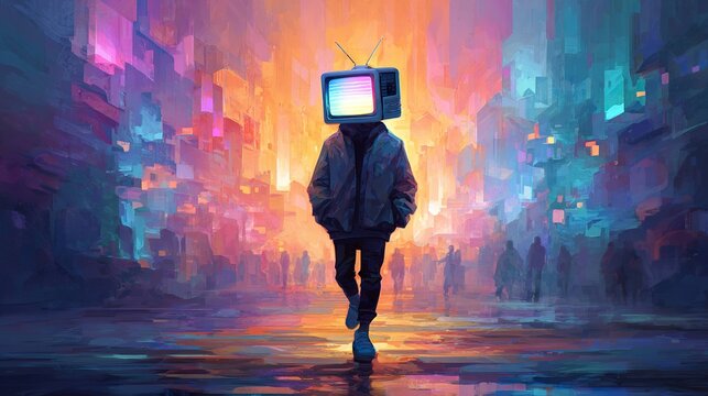 Person with tv head walking through colorful cityscape