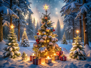 Cozy christmas living room with decorated trees, fireplace, and elegant furniture