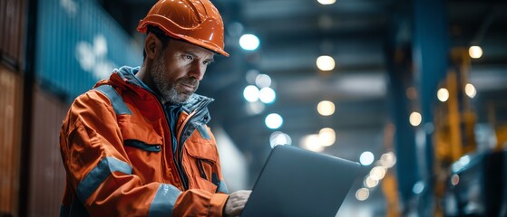 Logistic controller in helmet reviewing shipping schedule on laptop inside a cargo terminal command center