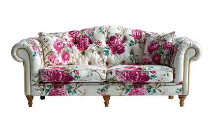 Comfortable sofa with floral decoration on white background