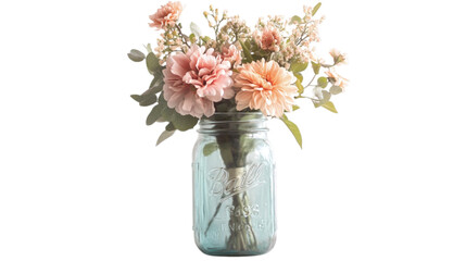 • A spring flower bouquet in a mason jar for Easter, isolated on white background in HD 