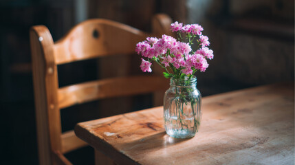 Cute pink flowers in glass vase placed on wooden table standing by small chair