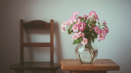 Cute pink flowers in glass vase placed on wooden table standing by small chair