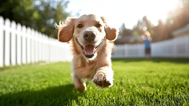 friendly golden retriever playing fetch with happy. Canine joy amiable golden retrieving a thrown object radiating gladness a delightful scene of animal amusement perfect for stock