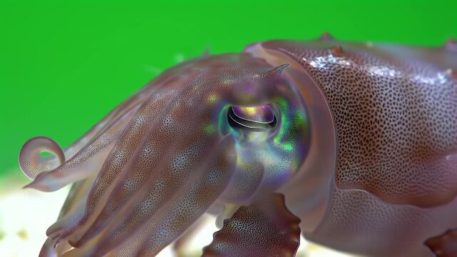 Mesmerizing Close-Up of a Cuttlefish Eye and Intricate Skin Patterns Against a Vibrant Green Background, Showcasing Unique Marine Life Detail