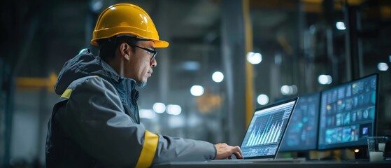 Male logistic analyst in helmet reviewing export data on laptop in the logistics analytics center