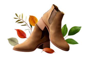 Stylish brown ankle boots with autumn leaves