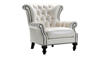 Elegant white leather armchair with black legs on white background