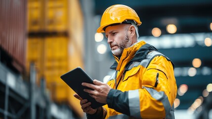 Male logistic officer in helmet reviewing customs documents on tablet at the customs inspection point