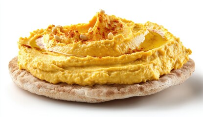 Golden hummus atop whole wheat pita