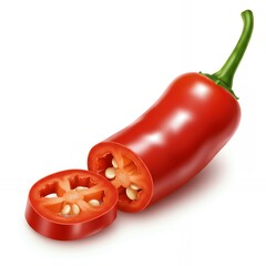 Red chili pepper with two sliced rounds displaying seeds and flesh on white background