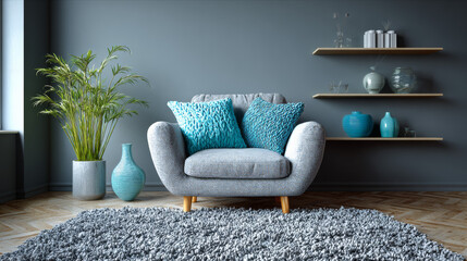 Grey and blue living room style, modern small sofa, carpet parquet floor, vase of green plant and shelf concept.