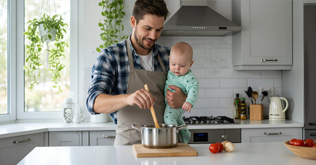 Stirring pot baby cooks in a modern kitchen with counter tomatoes and hanging plants