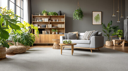 Grey lounge standing in bright sitting room interior with books, plants and decorations on cupboard, carpet on the floor and small table 