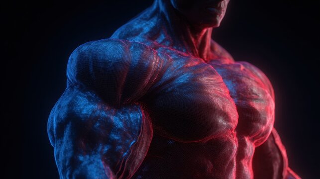 Medical visualization of a bodybuilder showing huge pectoral muscles, illuminated by blue and red neon lights, isolated on a black background