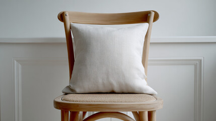 Linen cushion cover in white on a chair on white background