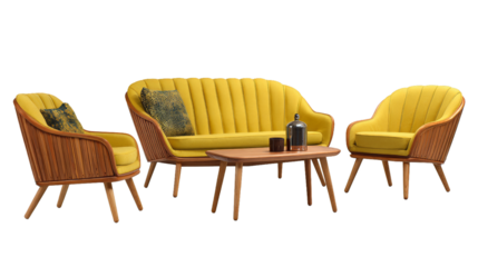 Midcentury modern furniture collection sofa armchairs and wooden tables on white background