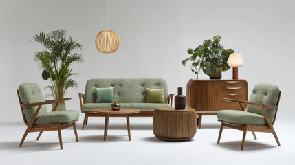 Midcentury modern furniture collection sofa armchairs and wooden tables on white background
