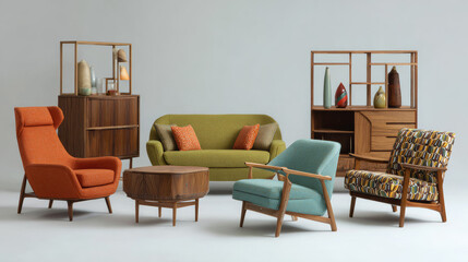 Midcentury modern furniture collection sofa armchairs and wooden tables on white background