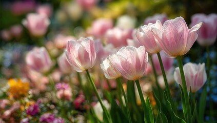Fototapeta premium Soft pink tulips in a vibrant garden bed