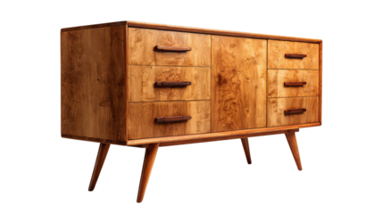 Midcentury modern wooden sideboard with eucalyptus on white background